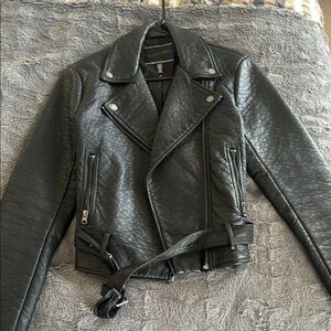Black Faux Leather Moto Jacket with Belt